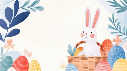Cute bunny sits in a basket surrounded by colorful Easter eggs in a whimsical spring setting with floral elements, easter card, banner
