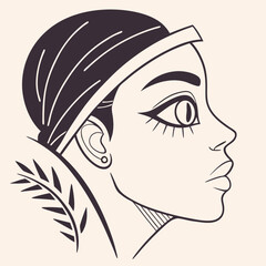 Elegant Woman Profile - Linear Art Headwrap Portrait, Dark Tones.