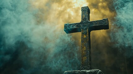 Fototapeta premium Sunlight streaming through a clouded sky, bathing a stone crucifix in a soft, golden glow, intricate details of the stone texture softly illuminated, peaceful, sacred, and reverent mood, ethereal
