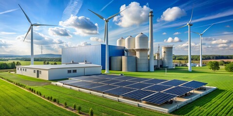 Sustainable Energy Complex Wind Turbines, Solar Panels, and Industrial Facility in Harmony with Nature