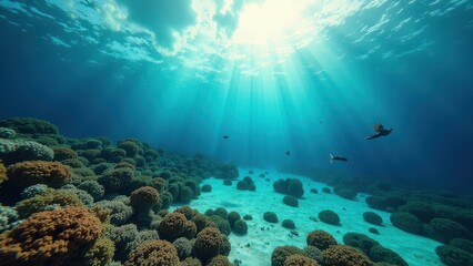 Obraz premium Underwater coral reef with sunlight rays shining through clear ocean water 