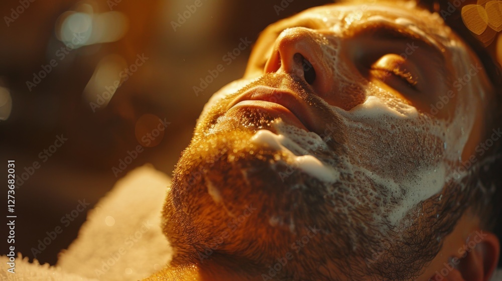 Poster a man enjoys a soothing facial treatment at a spa, with warm lighting creating a calm atmosphere. he