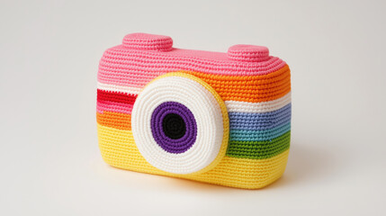 Crochet camera toy in vibrant colors, showcasing creativity