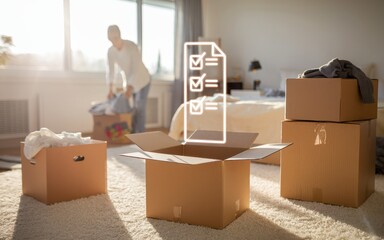 Housing moving checklist concepts. Man organizing items in boxes with checklist graphic in a bright room.