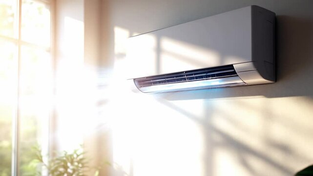 Modern slim air conditioner with cool fresh blue moving stream in living room. Summer cooling system installation. Ventilation system. Energy efficient climate control.