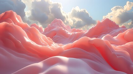 A Dreamy Landscape of Soft Coral Waves and Billowing Clouds Under a Shimmering Sky