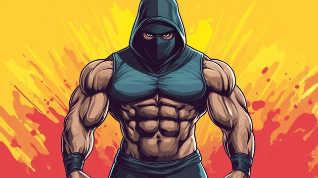 Muscular Fighter In A Hood. Strong Ninja Warrior. Vector.
