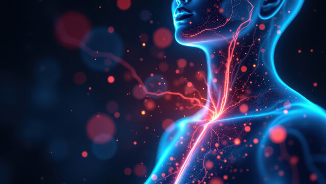 A close-up 3D medical illustration of a human torso with highlighted vns pathways, showcasing vagus nerve stimulation for health education purposes.