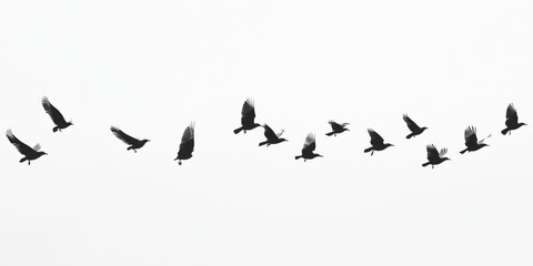 A flock of birds is flying gracefully against a white background