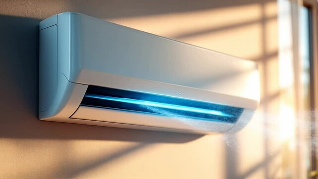 Modern slim air conditioner with cool fresh blue moving stream in living room. Summer cooling system installation. Ventilation system. Energy efficient climate control.