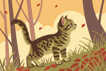  Cat in autumn forest, tabby kitten, golden hour lighting, fallen leaves, bokeh background, soft focus, warm tones, fluffy tail, curious expression, shallow depth of field, nature photography, vibra