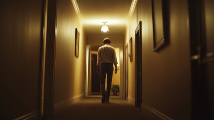 Withdrawal symptoms in a person walking slowly down a hallway, head down. Featuring emotional fatigue and physical strain