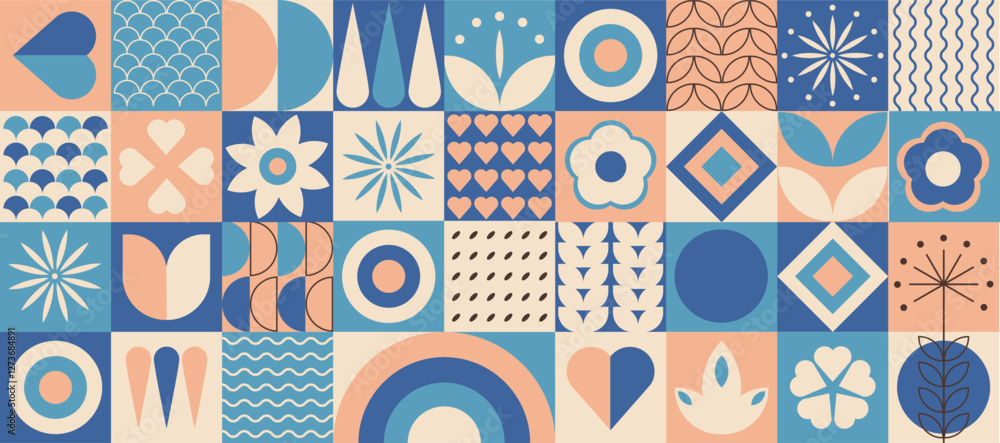 Poster geometric banner with simple geometric shapes and figures and symbols. retro banner with forms and f