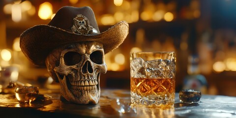 Skull with cowboy hat beside a glass of whiskey in a rustic bar setting at night