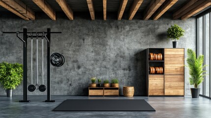Industrial gym mockup with a concrete wall, black metal squat rack, wooden storage units, and gymnastic rings, loft-style interior, 4K ultra-realistic photo