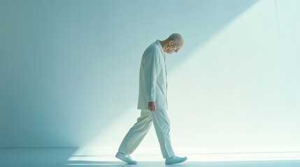 Withdrawal symptoms in a person walking slowly, head down, shoulders slouched. Featuring mental and physical exhaustion