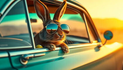 Cute Easter Bunny with sunglasses looking out of a car filed with easter eggs Greetings and presents for Easter Day.Promotion and shopping template for Easte Copy Space