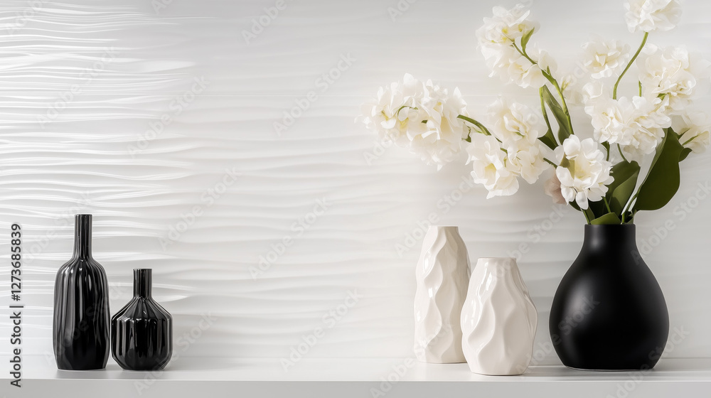 Poster cozy empty white table with white wall and beautiful vases luxury background with soft light
