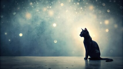 Silhouette of a feline companion sitting serenely on a smooth surface, gazing towards a celestial backdrop filled with shimmering lights and a dreamy atmosphere.