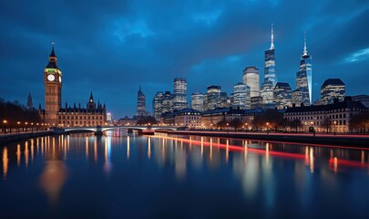Obraz premium A stunning twilight view of London and New York City, showcasing iconic landmarks reflecting on the river. Perfect for travel, tourism, and cityscape themes.