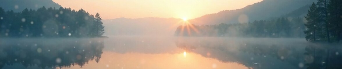 Fototapeta premium Morning light peering through the foggy veil on the lake, peaceful, landscape, lake
