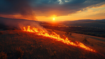 Wildfire spreading across mountain grassland during dramatic sunset. Natural disaster environmental photography showing climate impact
