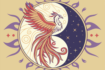  Fantasy phoenix duality, fire and ice, yin and yang, mythical creatures, intricate feather details, swirling energy, elemental magic, cosmic background, vibrant colors, digital art, symmetrical com