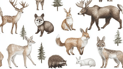 Forest animals isolated on white set of vector illustration. Woodland wild animals and birds nature collection. Moose, deer, bear and hedgehog, rabbit, squirrel, beaver or wolf, fox, raccoon.