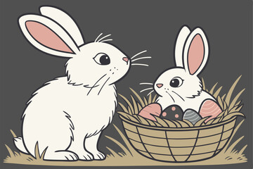  white rabbits, fluffy bunnies, pair, side by side, large ears, pink inner ears, black eyes, whiskers, soft fur, straw nest, dark background, studio lighting, symmetrical composition, Easter theme, 