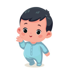 Obraz premium cute little baby boy character say hello kid happy smile greet and waving hand 