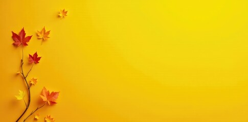 A square yellow background with a few leaves and stems, autumn, foliage