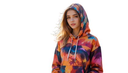 Women colorful hoodie design mockup with model