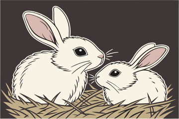  white rabbits, fluffy bunnies, pair, side by side, large ears, pink inner ears, black eyes, whiskers, soft fur, straw nest, dark background, studio lighting, symmetrical composition, Easter theme, 