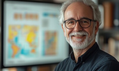 Senior Data Scientist Engaged in Presenting Risk Management Strategies Using Interactive Digital Display in Modern Office