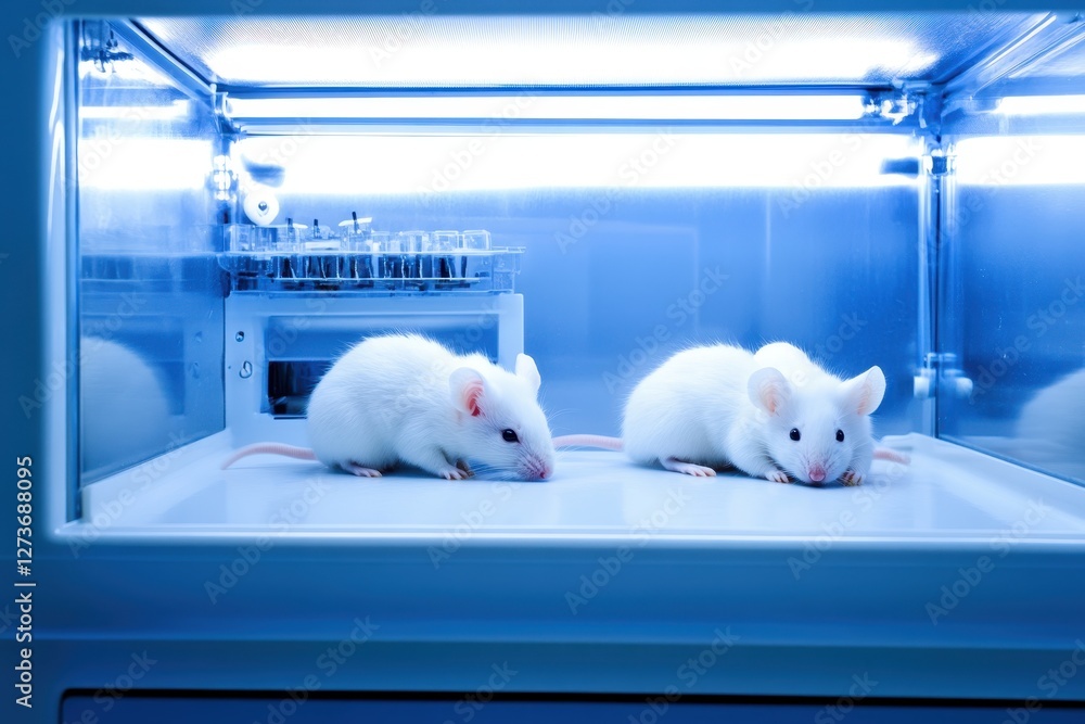 Poster laboratory setting with white mice in controlled environment