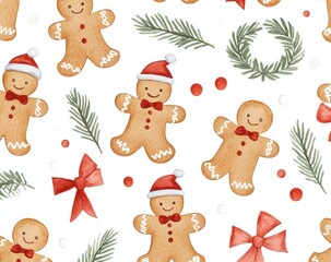 Fototapeta premium Cheerful gingerbread cookies with Santa hats and decorations creating a festive Christmas pattern ideal for holiday designs and seasonal crafts