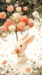 Whimsical Watercolor of a Playful Rabbit in a Floral Garden