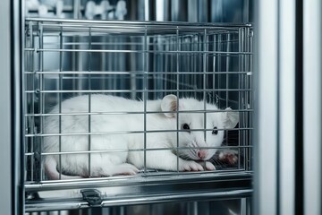 Obraz premium White Rat Inside a Steel Cage in a Laboratory Environment