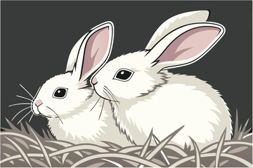  white rabbits, fluffy bunnies, pair, side by side, large ears, pink inner ears, black eyes, whiskers, soft fur, straw nest, dark background, studio lighting, symmetrical composition, Easter theme, 