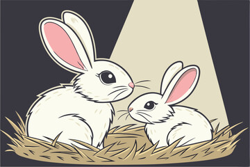  white rabbits, fluffy bunnies, pair, side by side, large ears, pink inner ears, black eyes, whiskers, soft fur, straw nest, dark background, studio lighting, symmetrical composition, Easter theme, 
