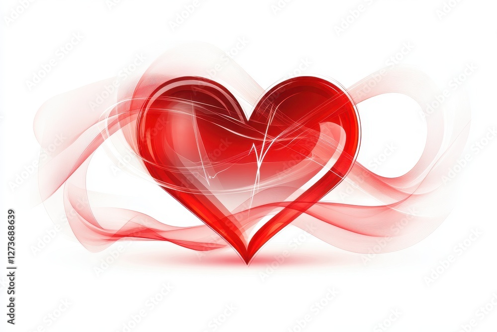 Poster red heart symbol with flowing abstract elements and light reflections