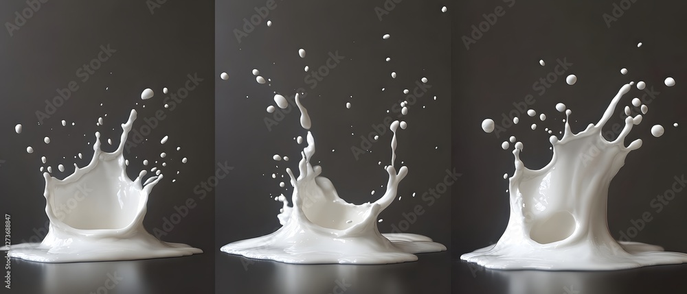 Poster dynamic milk splash collection on dark backdrop showcasing fluidity and purity in three views