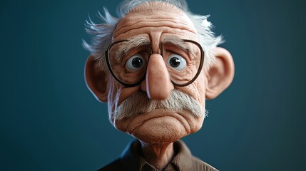 Sad Senior Cartoon Character Looking Forlorn. Cartoon Portrait Of An Old Man.