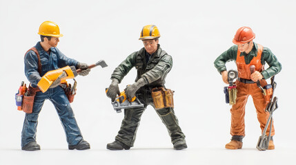 Home repair workers doing maintenance, industrial contractors work people set isolated on white vector illustration. Professional building and repairment service, handymen and repairmen in helmets.