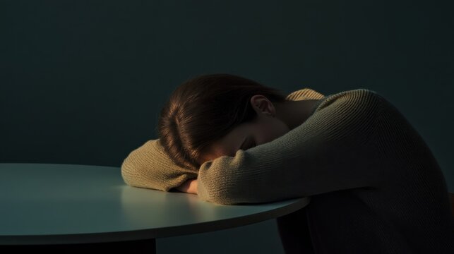 Withdrawal symptoms in a person with their head resting on a table. Featuring emotional exhaustion and physical discomfort