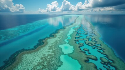 Aerial view of coral reef formations in clear turquoise ocean water	