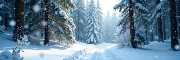 Dense pine forest with snowflakes gently falling on the ground, tranquil scene, white, winter landscape