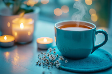 Fototapeta premium Steaming cup of tea placed on a cozy table with glowing candles in the background, creating a warm and relaxing atmosphere, perfect for peaceful evenings and mindful moments.