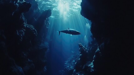 Obraz premium Oceanic Abyss: Sunbeams Illuminate Dark Cave, Fish