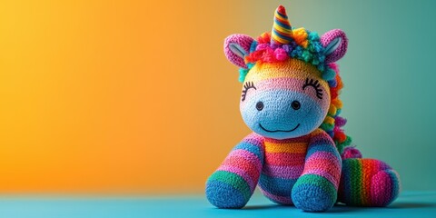 Colorful plush unicorn sits against a bright gradient background during daylight, showcasing vibrant stripes and cheerful expression